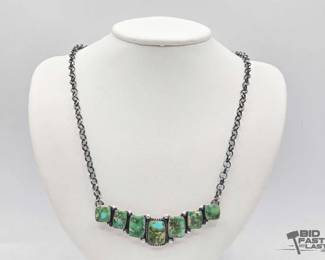 440 Handmade Native American Sterling Silver Turquoise Bar Necklace, 35g