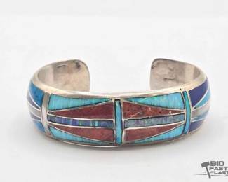 472 Handmade Native American Sterling Silver MultiStone Inlay Cuff, 60g