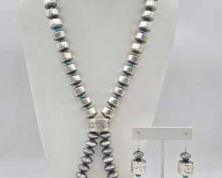 320 Native American Sterling Silver Bead Necklace and Earring Set, 179g