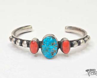 297 Chimney Butte Sterling Silver Turquoise and Coral Bracelet, 37.62g