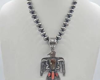 220 Handmade Native American Sterling Silver Thunderbird Pendent with Navajo Pearl Necklace, 93.07g