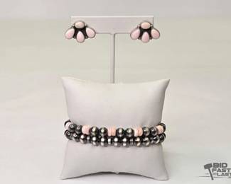 660 Sterling Silver Pink Conch Earrings Navajo Pearl Braclets, 30.92g
