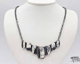 410 Handmade Native American Sterling Silver White Buffalo Bar Necklace, 47g