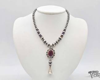 435 Native American Sterling Silver Squash Blossom Necklace, 24g