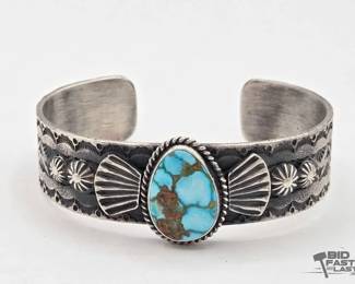 587 Handmade Native American Sterling Silver Turquoise Center Cuff, 44g