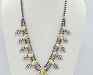 360 Handmade Native American Palomino Turquoise Sterling Silver Squash Blossom Set, 86g