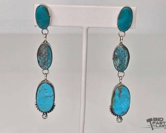 630 Handmade Sterling Silver Turquoise Dangling Earrings by Navajo Jacqueline Silver, 15.75g