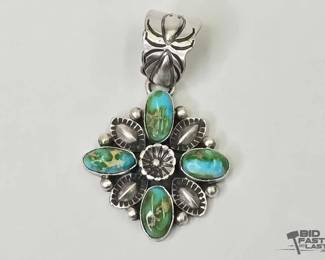 620 Handmade Native American Charles Johnson Sterling Silver Turquoise Pendant, 20.00g