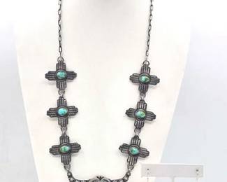 300 Native American Handmade Zia and Cow Skull Turquoise Sterling Silver Necklace Earring Set