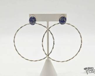 452 Handmade Native American Sterling Silver Hoop Earrings with Lapis Accent, 18.69g