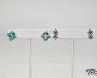 685 2 Pairs of Native American Sterling Silver Turquoise Earrings, 4.38g