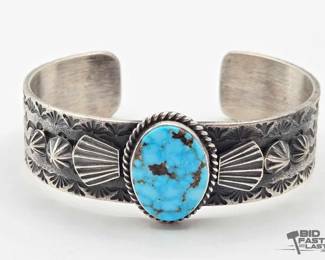 525 Handmade Native American Sterling Silver Turquoise Center Cuff, 44g