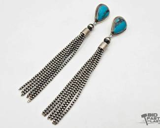 420 Handmade Native American Sterling Silver Turquoise Fringe Statement Earrings, 41g