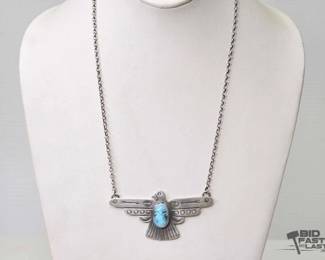 645 Handmade Native American Russell Sam Sterling Silver Turquoise Thunderbird Necklace, 23.79g