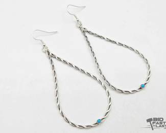 490 Handmade Native American Sterling Silver Twisted Hoop Earrings with Turquoise Accents, 6g