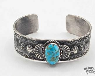 495 Native American Sterling Silver Turquoise Center Cuff, 41g
