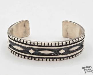 375 Large Handmade Native American Sterling Silver Engraved Cuff, 87g