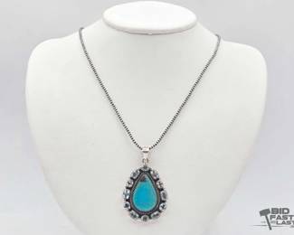 532 Handmade Native American Sterling Silver Turquoise Pendant Necklace, 23g