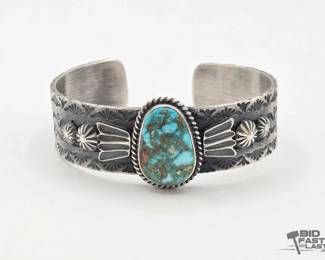 412 Native American Sterling Silver Turquoise Center Cuff, 46g