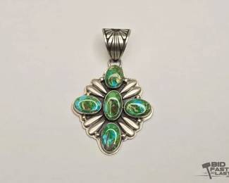 295 Patrick Yazzie Native American Sterling Silver Turquoise Pendant, 30.10g