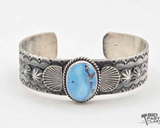 547 Handmade Native American Sterling Silver Turquoise Center Cuff, 45g