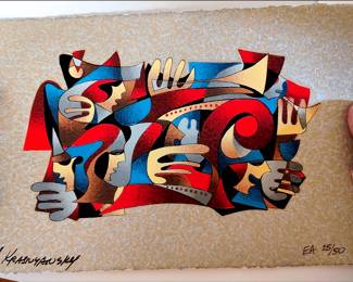 A serigraph titled "Traveling Minstrels" by the Ukrainian-American artist Anatole Krasnyansky