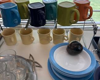 Fiestaware Mugs and Corelle Blue Linen Dishes