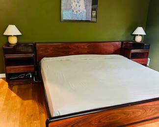 Danish Modern King Bed with under bed storage and side tables.  Made in Denmark by Brouer.