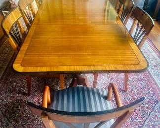Inlaid double pedestal dining table and set of 8 Biedermeier style dining chairs