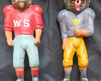 1940s super rare hand carved wood football mascots 12" tall.