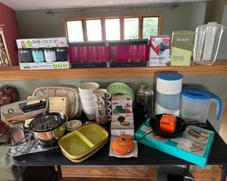 kitchen goods, vintage mixer set, pampered chef cookware, ice tea makers, mini waffle makers. New in box.