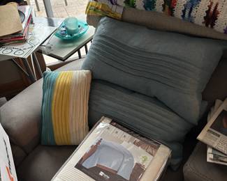 Downfield pillows, crochet blanket