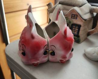 Pair Vintage Fish Wall Pocket Planter Anthropomorphic Pearlized Japan