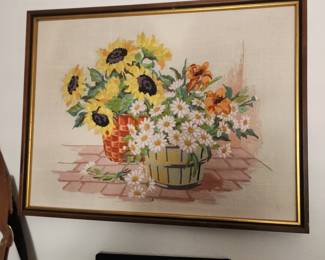 SUNFLOWER & DAISY FLORAL Vintage Crewel Embroidery Kit Basket of Flowers