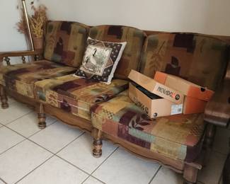 Fabulous Brown & Tan vintage couch, solid wood frame