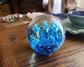 Paperweight Handblown Fish Vintage Art Glass Blue Swirl