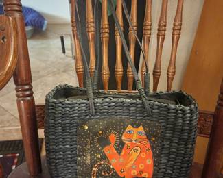 Laurel Burch Cat Straw Rattan Purse Handbag
