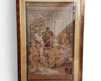 Antique Framed French Tapestry of Dining Room Gathering
