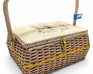 1960s Woven Sewing Basket w/ Fabric Lid