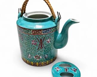 Chinese Famille Rose Porcelain Teapot w/ Bamboo Handle