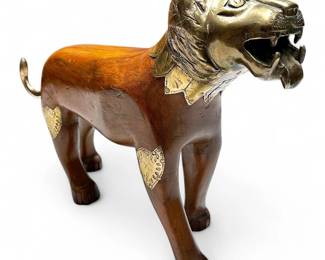 Wooden Tiger Statue w/ Brass Accents