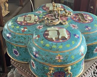 Rare Chinese Cloisonné   Box with White jade