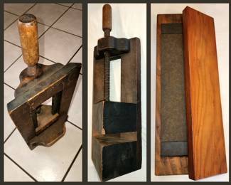 Large Wooden Vice and Large Whet Stone in Wooden Box