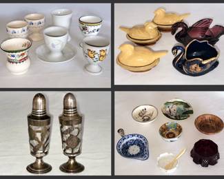 Vintage Egg Cups, Tiny Nesting Birds, Swans, Sterling Overlay Salt & Pepper Shakers and Salts