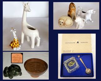 Cute Critters; Royal Dux Dog, Cast Frog, Signed Ceramic Flower Frog, Puppy Creamers, Goebel Giraffe and Westmoreland Sterling Salt Set with Cambridge Label on Glass Salt