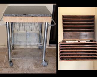 Rolling Cart with Butcher Block Top and Granite and Old Wooden Shelves