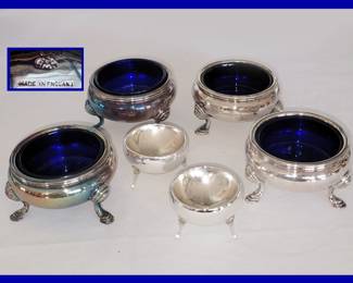 Adie Brothers England Silver Plated Salts with Glass Cobalt Liners and Mercury Glass Salts