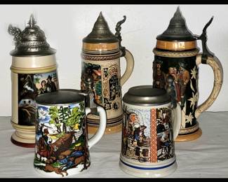 Vintage German Steins. Back Left Stein has a Lithophane of a Cottage Scene in it's base