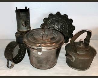 Antique Chicken Candler, Antique Metal Molds and Metal Teapot