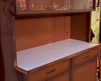 Mid Century Modern Brown Metal Formica Utility / Kitchen Cabinet